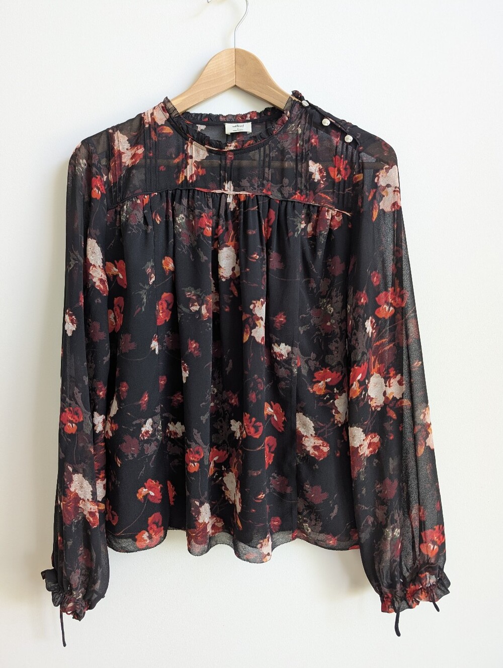 Wilfred Aritzia Small Black Red Floral Semi Sheer Sleeve Blouse Top